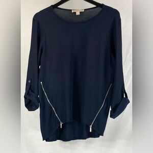 Michael Kors Navy Blouse with Silver Zipper Accents